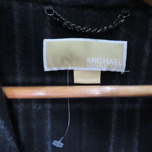 Michael Kors Fringe Belted Wrap Coat Medium Black Light Gray Plaid Wool Blend - Picture 7 of 14